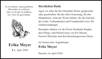 Traueranzeige von Erika Meyer von Deister- und Weserzeitung