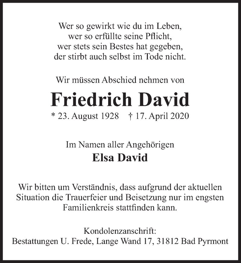  Traueranzeige für Friedrich David vom 25.04.2020 aus Deister- und Weserzeitung