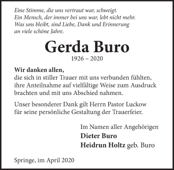 Traueranzeige von Gerda Buro von Neue Deister-Zeitung