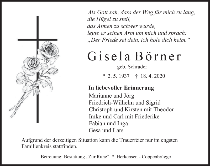  Traueranzeige für Gisela Börner vom 25.04.2020 aus Deister- und Weserzeitung