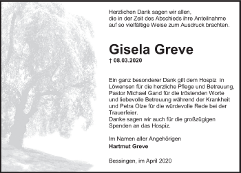 Traueranzeige von Gisela Greve von Deister- und Weserzeitung