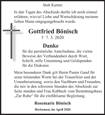 Traueranzeige von Gottfried Bönisch von Deister- und Weserzeitung