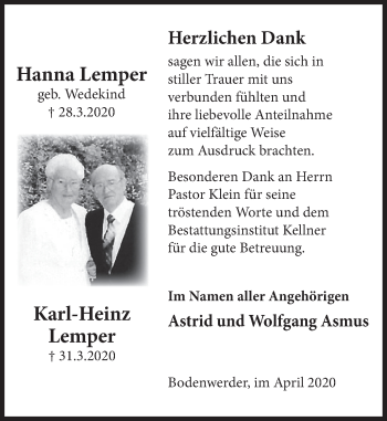 Traueranzeige von Hanna Lemper von Deister- und Weserzeitung