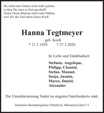 Traueranzeige von Hanna Tegtmeyer von Deister- und Weserzeitung