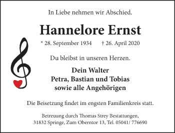 Traueranzeige von Hannelore Ernst von Neue Deister-Zeitung