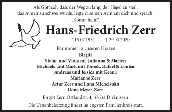 Traueranzeige von Hans-Friedrich Zerr von Deister- und Weserzeitung