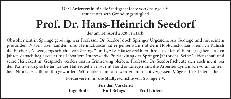  Traueranzeige für Hans-Heinrich Seedorf vom 22.04.2020 aus Neue Deister-Zeitung