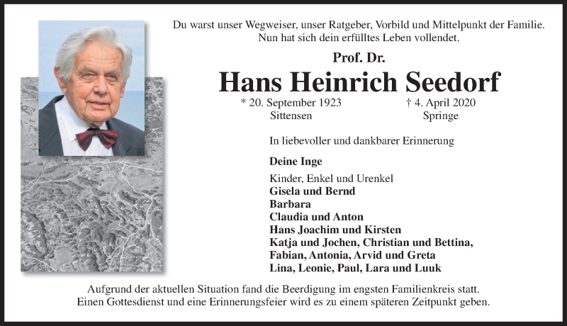  Traueranzeige für Hans Heinrich Seedorf vom 11.04.2020 aus Neue Deister-Zeitung