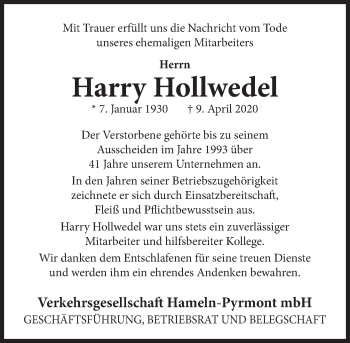 Traueranzeige von Harry Hollwedel von Deister- und Weserzeitung
