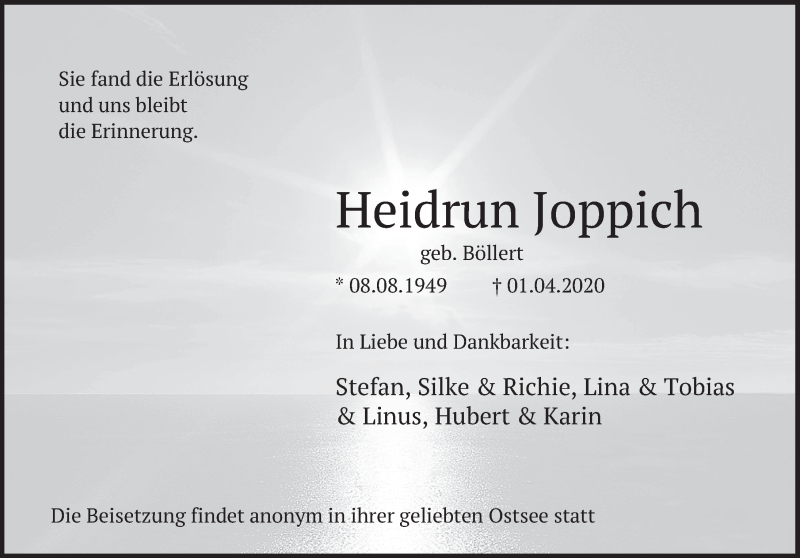  Traueranzeige für Heidrun Joppich vom 03.04.2020 aus Deister- und Weserzeitung
