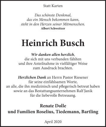 Traueranzeige von Heinrich Busch von Neue Deister-Zeitung