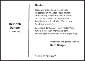 Traueranzeige von Heinrich Danger von Deister- und Weserzeitung