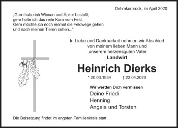 Traueranzeige von Heinrich Dierks von Deister- und Weserzeitung