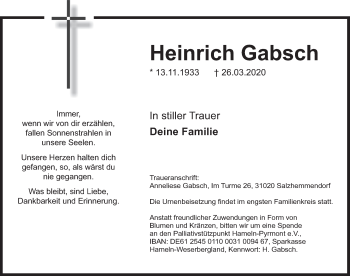 Traueranzeige von Heinrich Gabsch von Deister- und Weserzeitung
