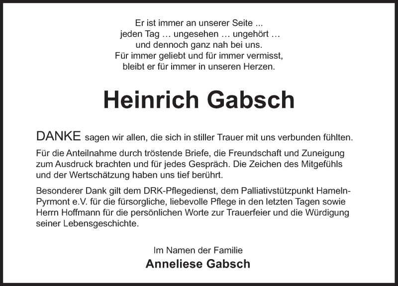  Traueranzeige für Heinrich Gabsch vom 25.04.2020 aus Deister- und Weserzeitung
