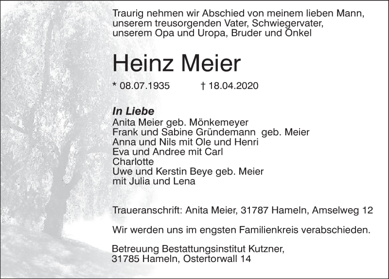  Traueranzeige für Heinz Meier vom 25.04.2020 aus Deister- und Weserzeitung