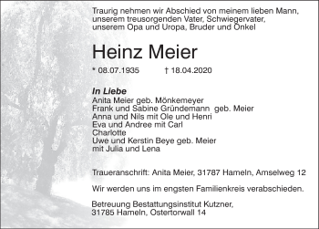 Traueranzeige von Heinz Meier von Deister- und Weserzeitung