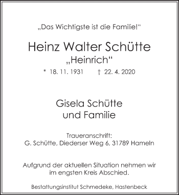 Traueranzeige von Heinz Walter Schütte von Deister- und Weserzeitung