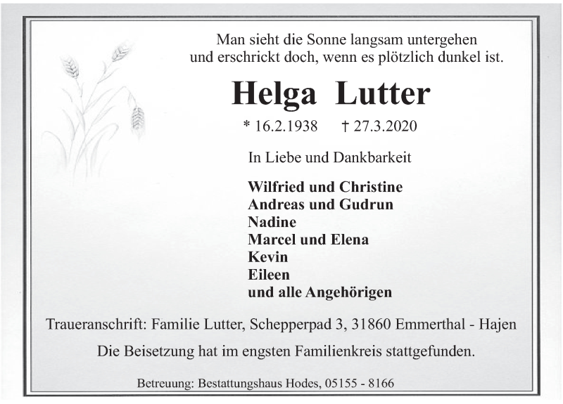  Traueranzeige für Helga Lutter vom 04.04.2020 aus Deister- und Weserzeitung
