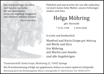 Traueranzeige von Helga Möhring von Deister- und Weserzeitung