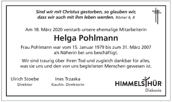 Traueranzeige von Helga Pohlmann von Deister- und Weserzeitung