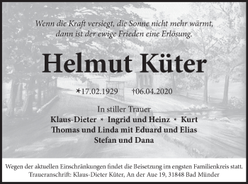 Traueranzeige von Helmut Küter von Deister- und Weserzeitung