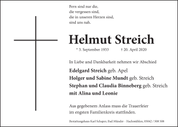 Traueranzeige von Helmut Streich von Deister- und Weserzeitung