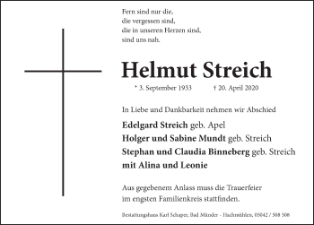 Traueranzeige von Helmut Streich von Neue Deister-Zeitung