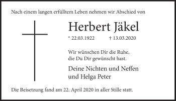 Traueranzeige von Herbert Jäkel von Deister- und Weserzeitung