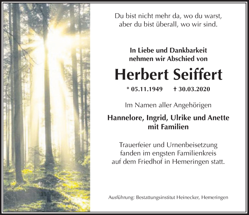  Traueranzeige für Herbert Seiffert vom 11.04.2020 aus Deister- und Weserzeitung