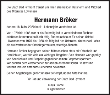Traueranzeige von Hermann Bröker von Deister- und Weserzeitung