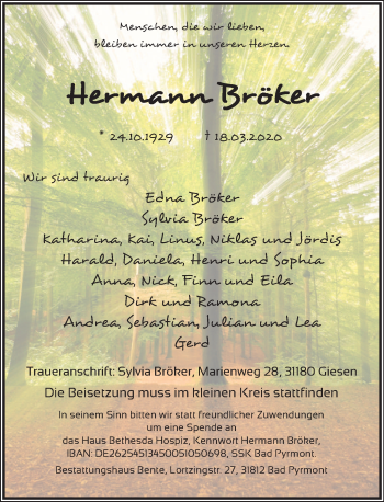 Traueranzeige von Hermann Bröker von Deister- und Weserzeitung