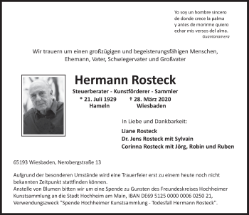Traueranzeige von Hermann Rosteck von Deister- und Weserzeitung