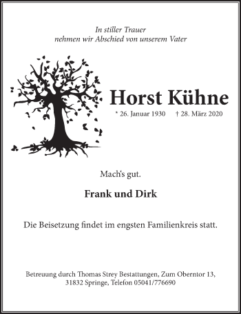 Traueranzeige von Horst Kühne von Neue Deister-Zeitung