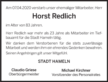 Traueranzeige von Horst Redlich von Deister- und Weserzeitung