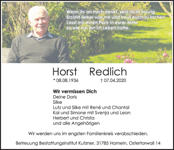 Traueranzeige von Horst Redlich von Deister- und Weserzeitung
