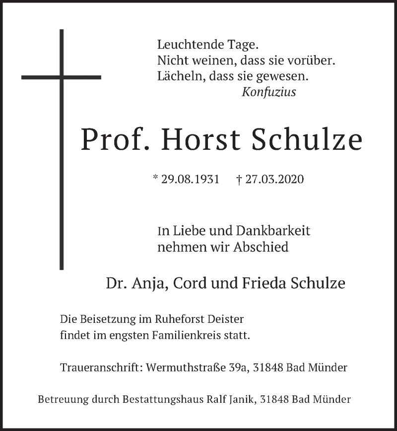  Traueranzeige für Horst Schulze vom 11.04.2020 aus Neue Deister-Zeitung