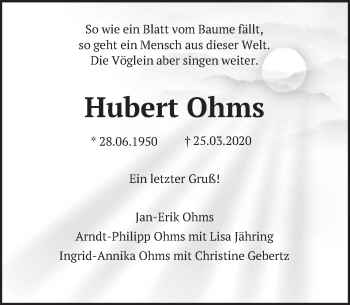 Traueranzeige von Hubert Ohms von Deister- und Weserzeitung