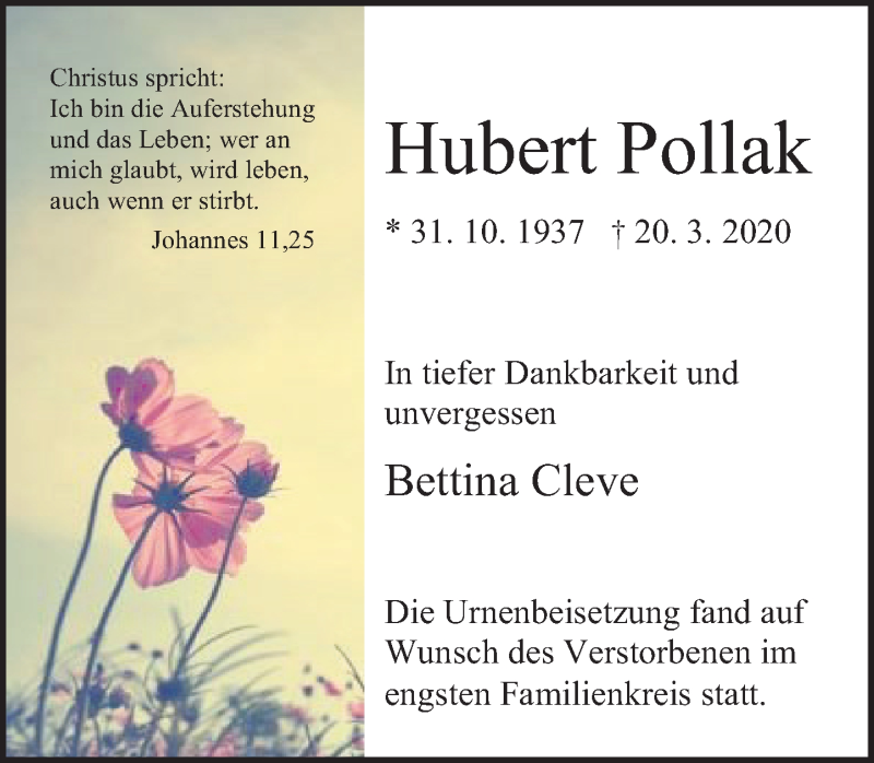  Traueranzeige für Hubert Pollak vom 18.04.2020 aus Deister- und Weserzeitung