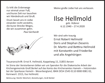 Traueranzeige von Ilse Hellmond von Deister- und Weserzeitung