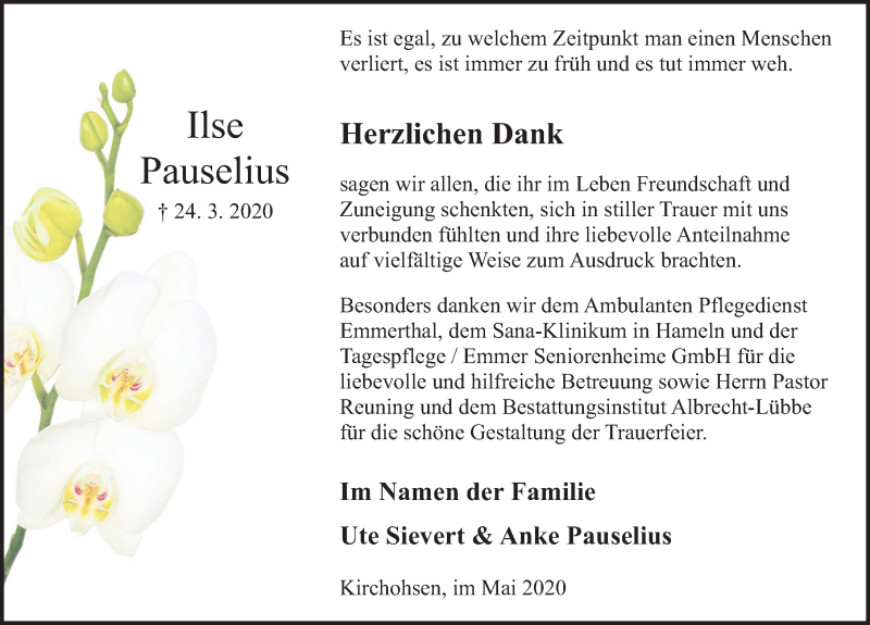  Traueranzeige für Ilse Pauselius vom 02.05.2020 aus Deister- und Weserzeitung