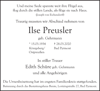 Traueranzeige von Ilse Preusler von Deister- und Weserzeitung