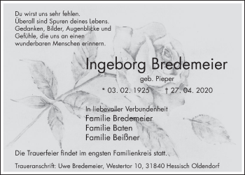 Traueranzeige von Ingeborg Bredemeier von Deister- und Weserzeitung