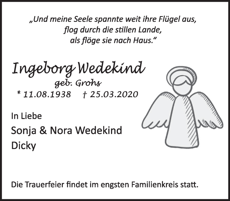  Traueranzeige für Ingeborg Wedekind vom 20.04.2020 aus Deister- und Weserzeitung