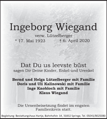 Traueranzeige von Ingeborg Wiegand von Neue Deister-Zeitung