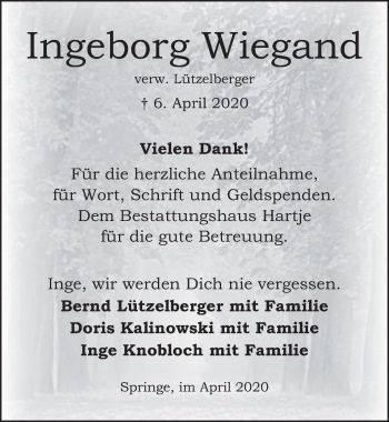 Traueranzeige von Ingeborg Wiegand von Neue Deister-Zeitung