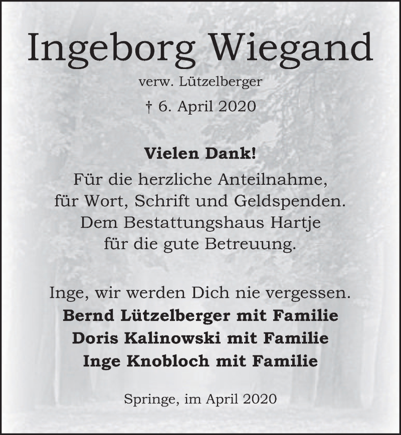  Traueranzeige für Ingeborg Wiegand vom 25.04.2020 aus Neue Deister-Zeitung
