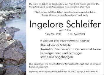 Traueranzeige von Ingelore Schleifer von Neue Deister-Zeitung