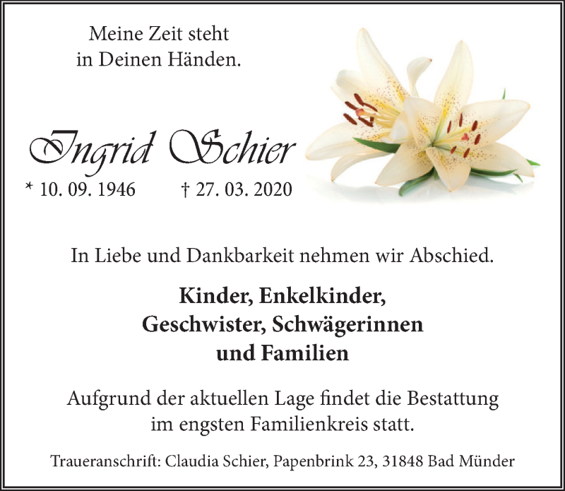  Traueranzeige für Ingrid Schier vom 11.04.2020 aus Neue Deister-Zeitung