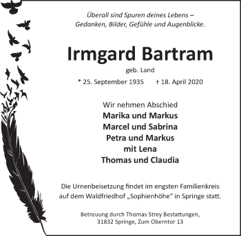 Traueranzeige von Irmgard Bartram von Neue Deister-Zeitung